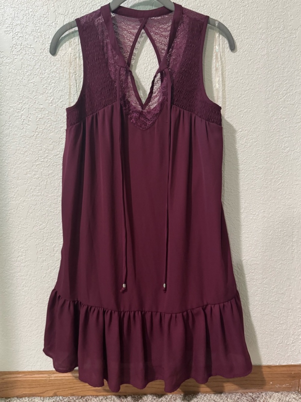 JODI KRISTOPHER Sleeveless Lace Yoke Ruffle Hem Dress S 18” p2p Wine NWOT - Picture 2 of 12
